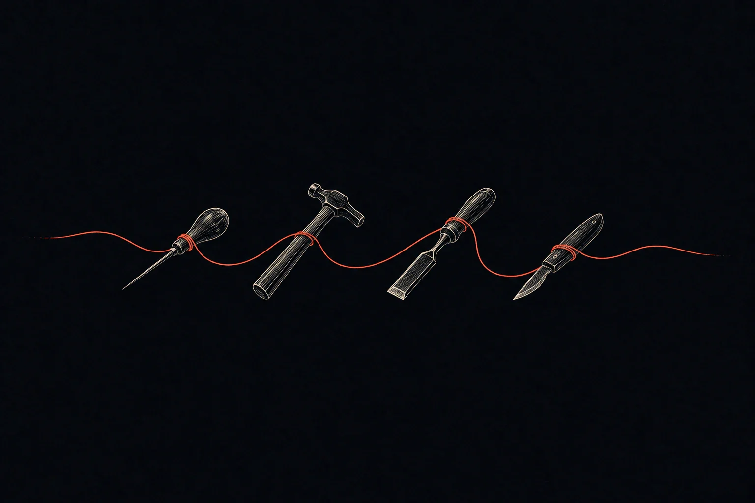 A minimal ink drawing of four hand tools in a row with a red thread looping between them.