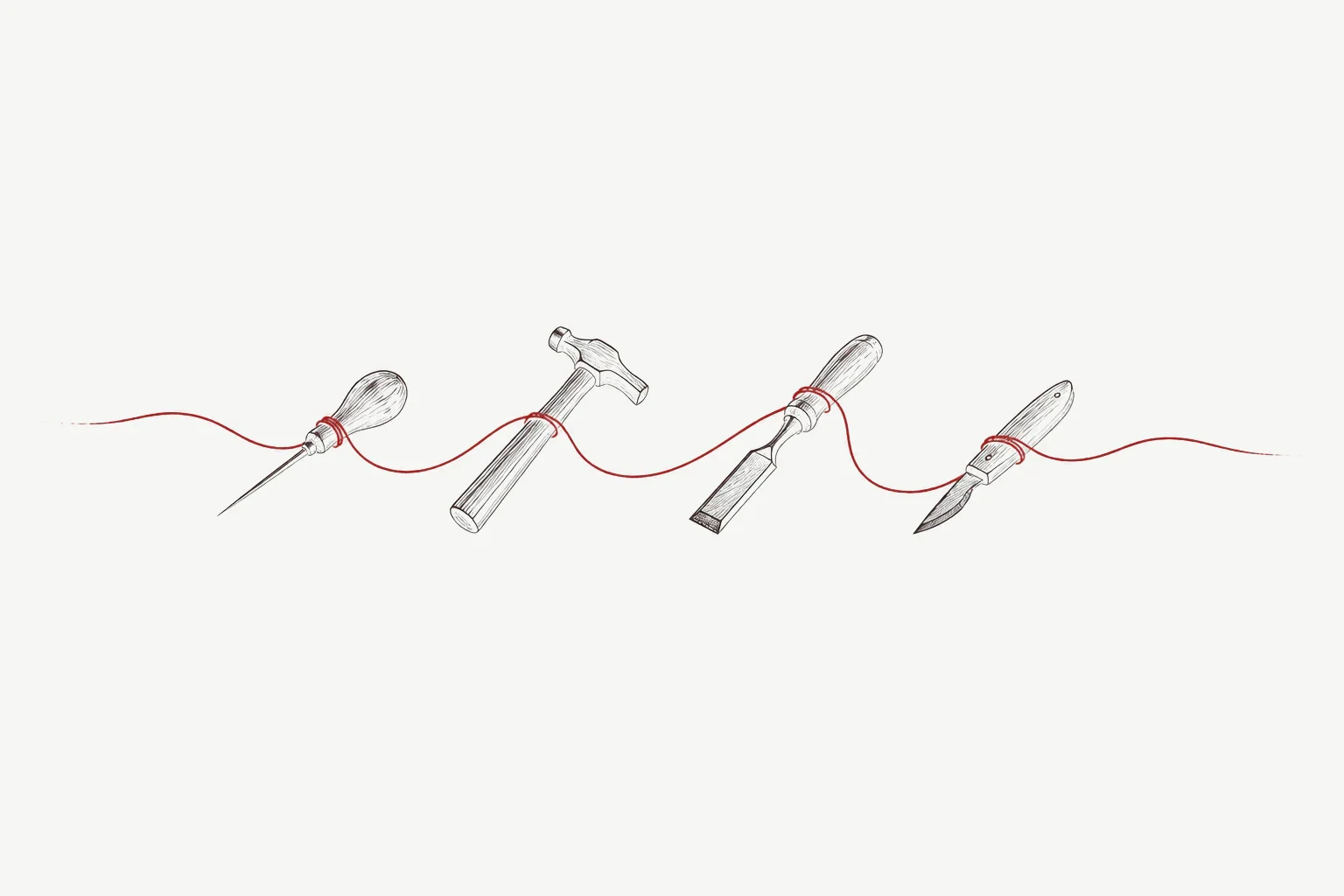 A minimal ink drawing of four hand tools in a row with a red thread looping between them.