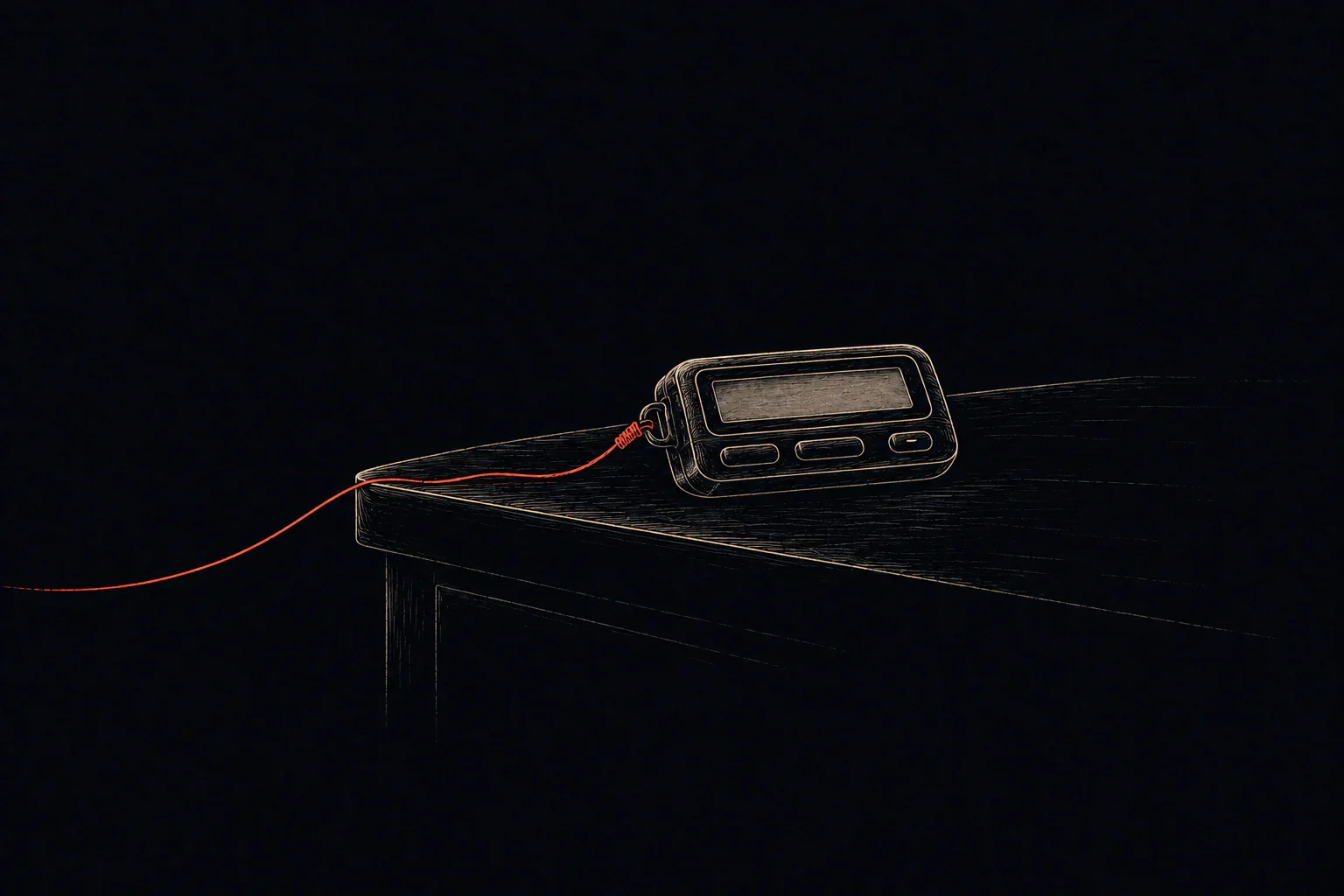 A minimal ink drawing of an old pager on a bedside table with a red thread tied to its clip.