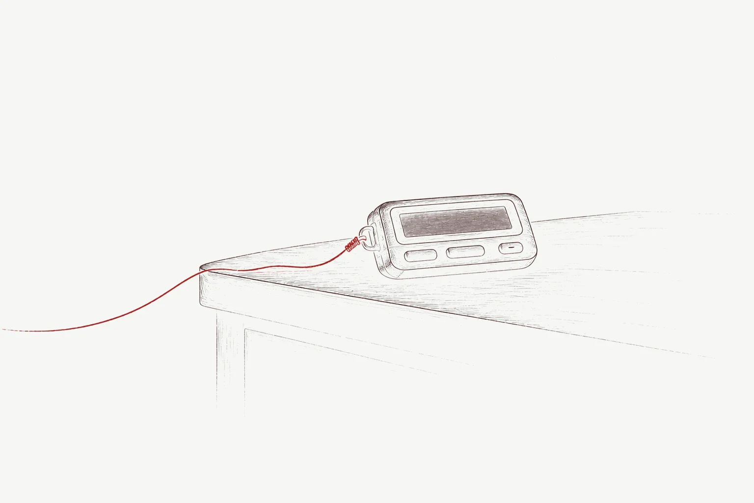 A minimal ink drawing of an old pager on a bedside table with a red thread tied to its clip.